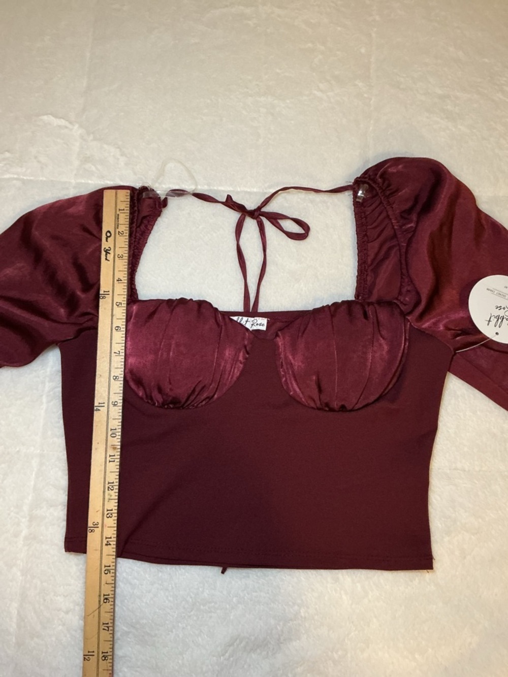 Rabbit Rose Burgundy Satin Bustier Long Sleeve Crop Top - Picture 10 of 12